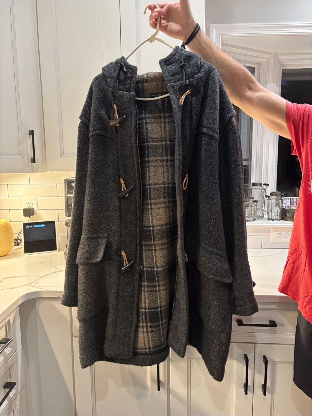 Banana Republic Dark Gray Hooded Pea Coat with Plaid Lining